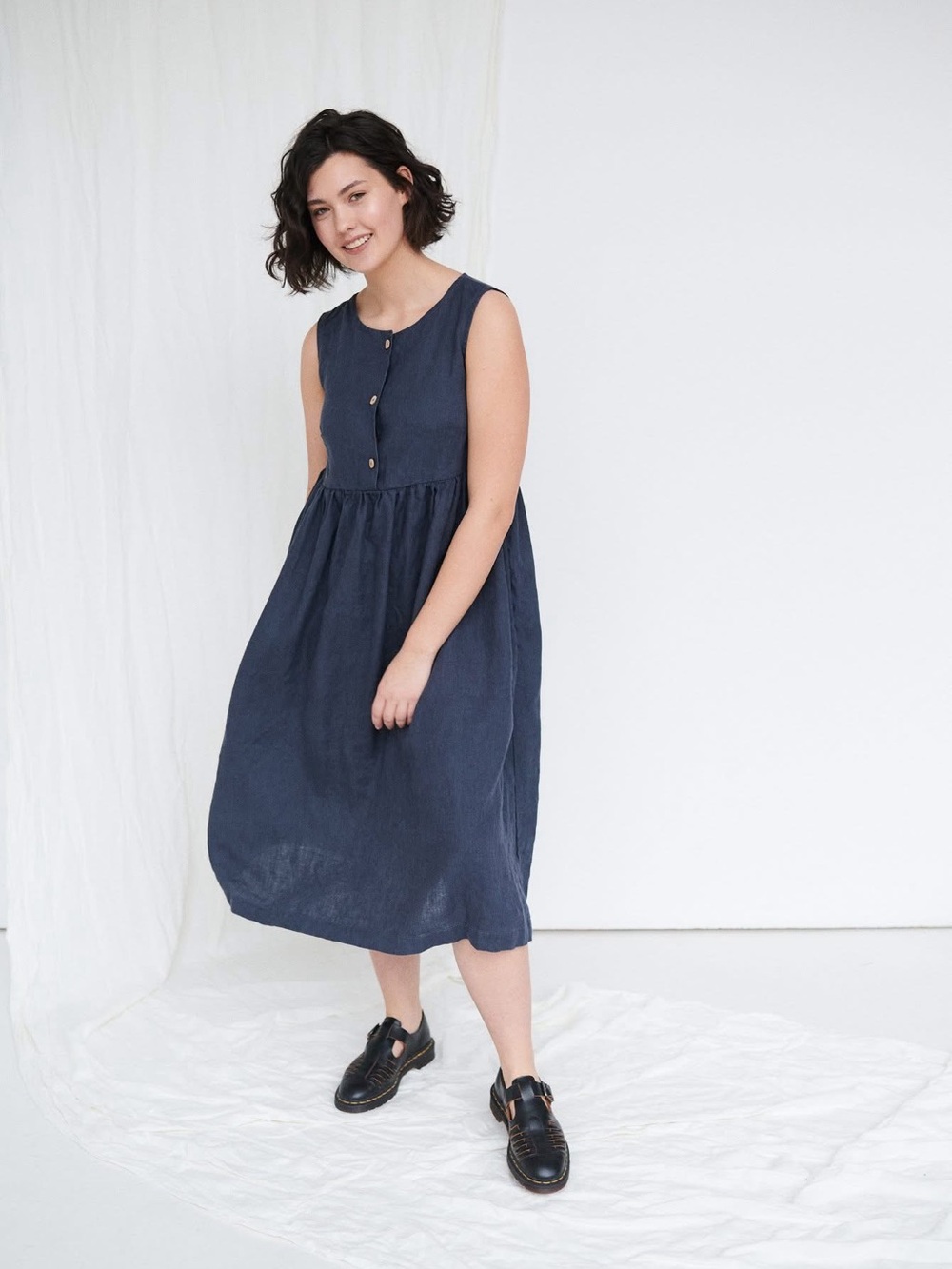 Linenfox Joy DressSleeveless in Terrcacotta Button-Front Midi Dress 100% Linen